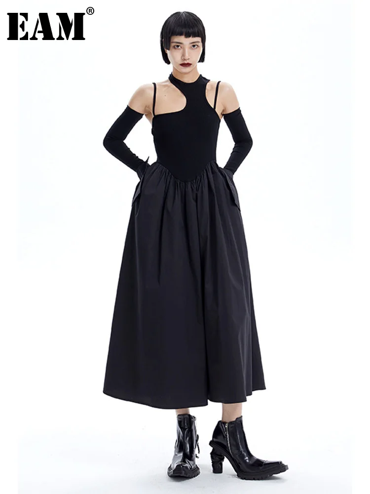 

Женское платье с вырезом EAM, Черное Длинное свободное платье без рукавов с круглым вырезом, весна-осень 2022, 1DE7747