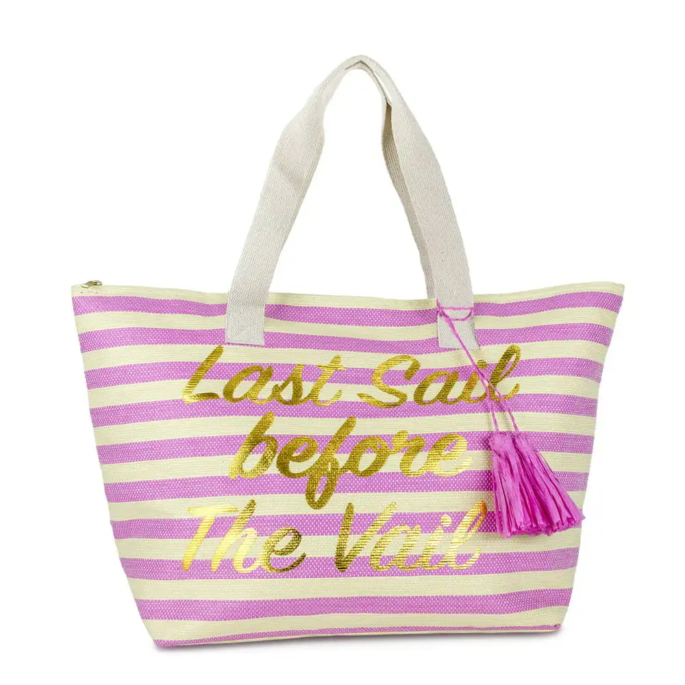 Women`s Insulated Last Sail Before The Vail Striped Paper Straw Beach Tote Bag with Tassel and Flat Handles