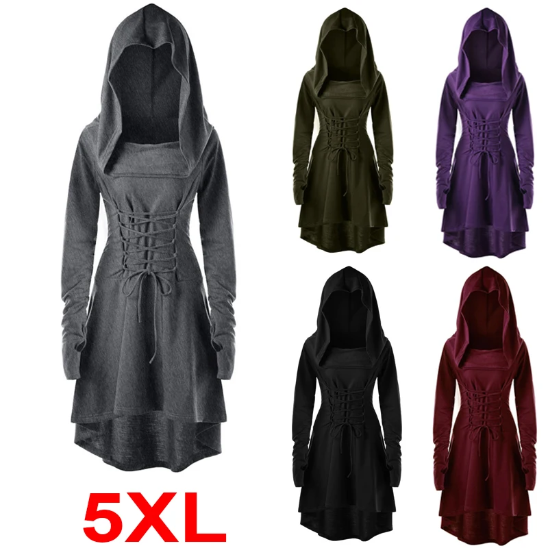 

Medieval Renaissance Hooded Robe Dress For Women Lace Up Vintage Pullover Long Hoodie Cloak Halloween Archer Cosplay Costumes