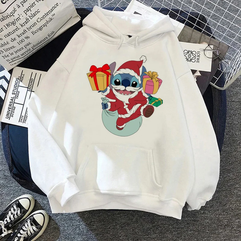 

Kawaii Disney Lilo Stitch Christmas Hoodies Women Summer Tops Cartoon Stitch Print Hooded Cute Disney Anime Sweatshirt Female