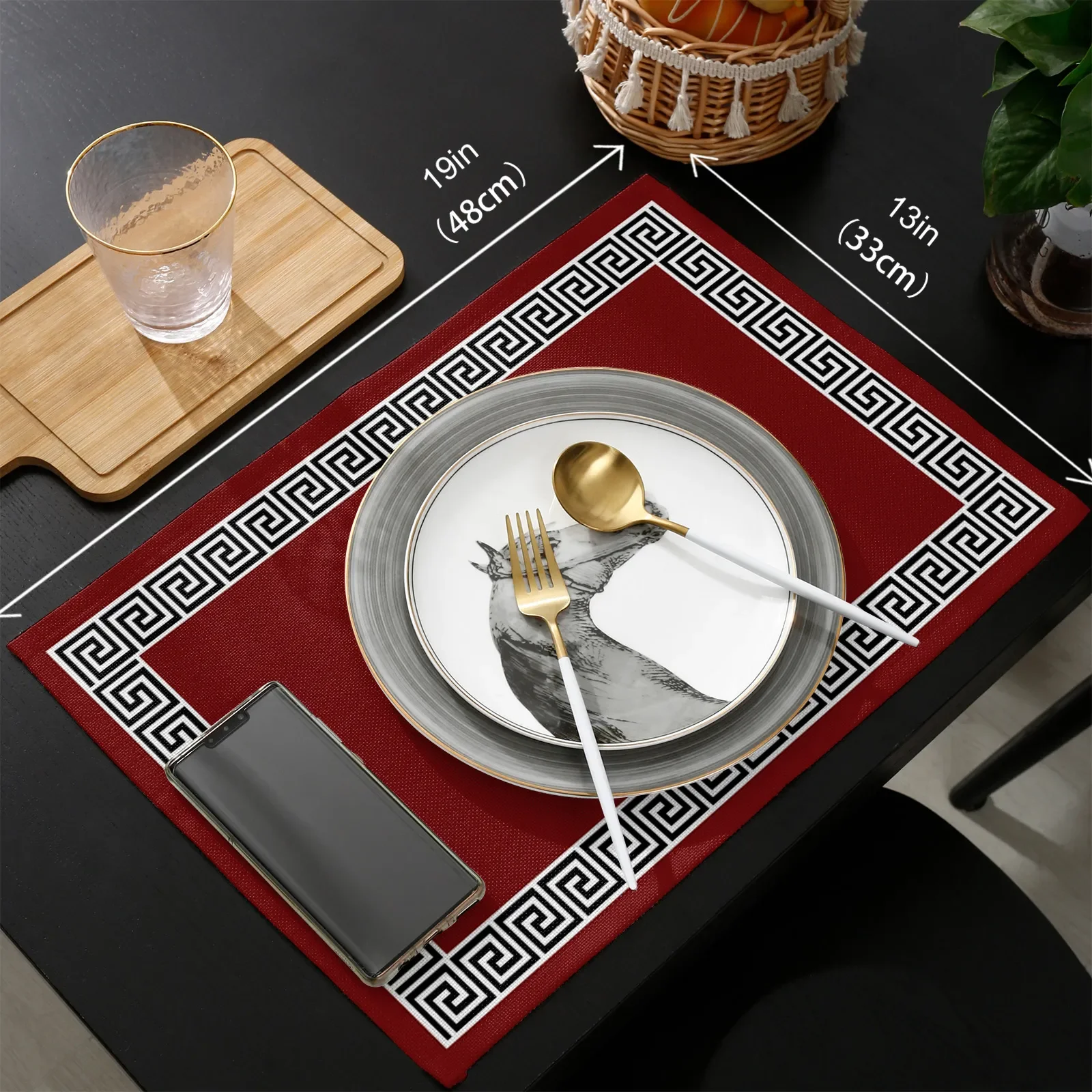 

Red Simple Chinese Pattern Kitchen Dining Table Decor Accessories 4/6pcs Placemat Heat Resistant Linen Tableware Pads Mats