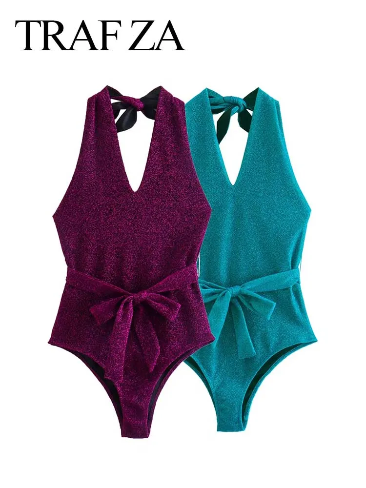 

TRAF ZA 2022 Summer Women's Halterneck Sexy Bodysuit Bright Solid Color Sleeveless Open Back Tight Belt Bow Elegant Clothing