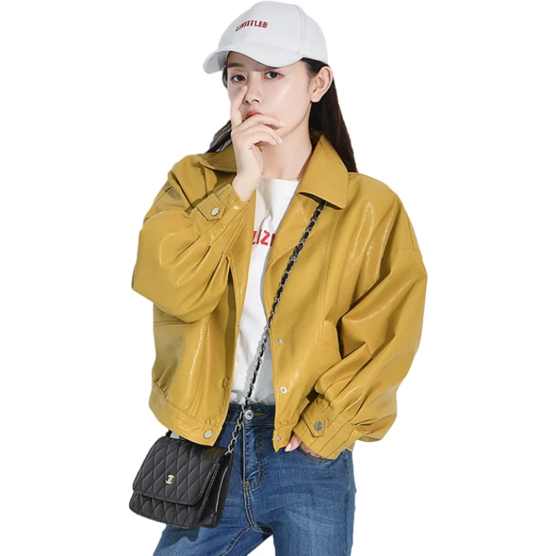 

Women PU Leather Jacket Single Breasted Short Motorcycle Punk Coat Female Long Sleeve Loose Faux Leather Bomber Outwear