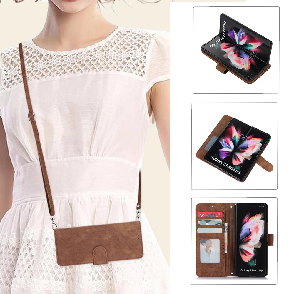 

Чехол-Кошелек для телефона Samsung Galaxy Z Fold 4 3 5G с отделением для кредитных карт, кожаный чехол с ремешком и держателем для ручек