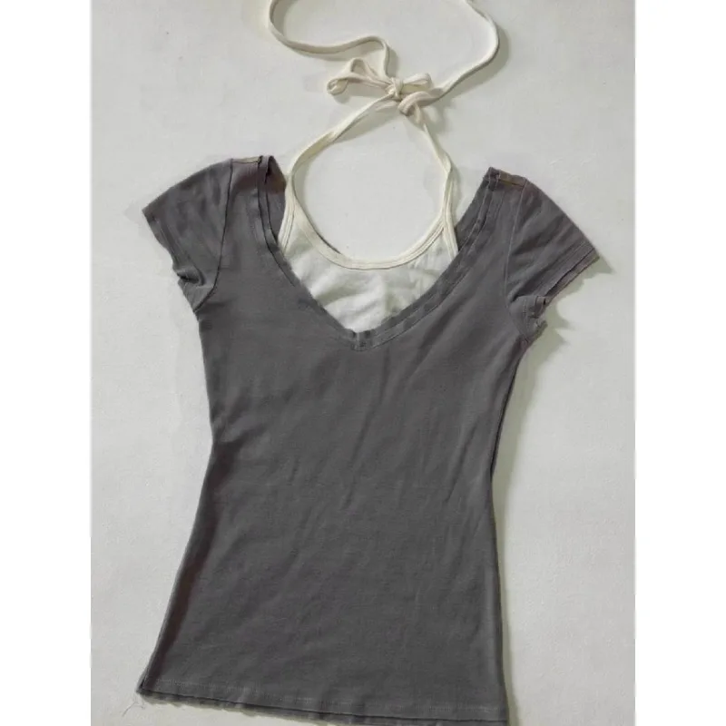 Американский винтажный серый топ на бретелях с коротким рукавом женские летние