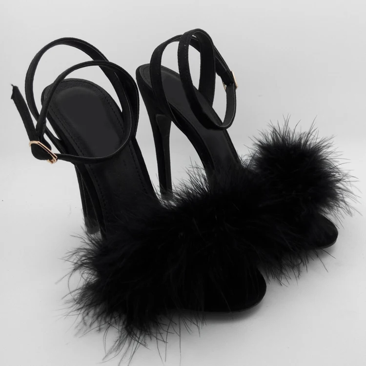 

Luxury Sandals Deluxe ladies Women party shoes black suede cover heel romantic fur sandals high heel summer shoes free shipping