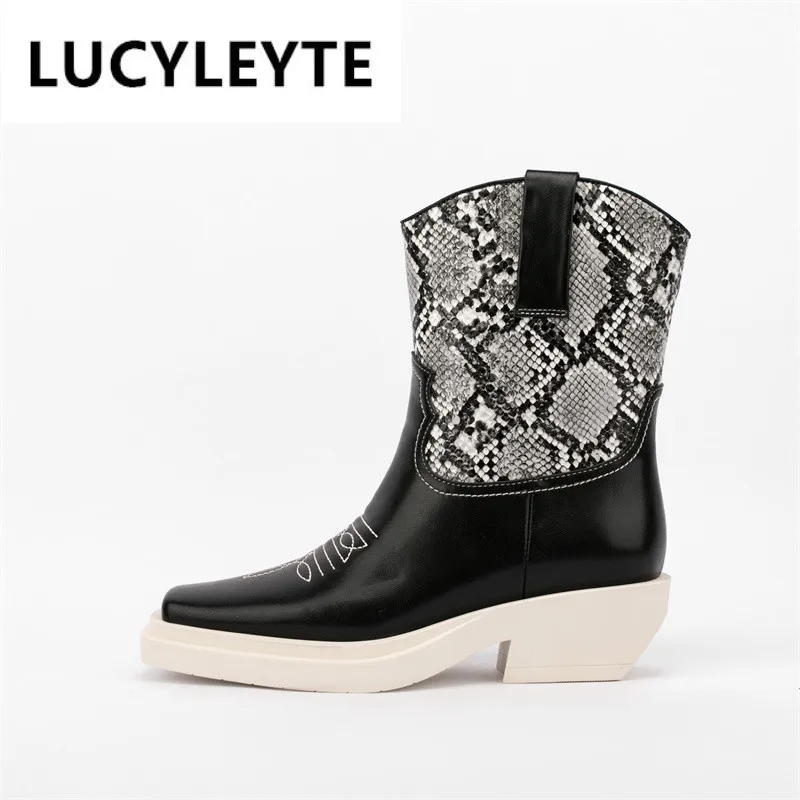 

Женские ботинки с вышивкой, на толстом каблуке, с квадратным носком и рукавом, в европейском и американском стиле, весна-осень-зима 2022