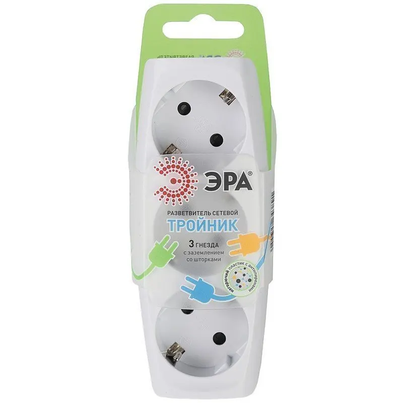 Сетевой тройник ЭРА 3 розетки c заземлением со шторками белый SP-3e-W | Строительство