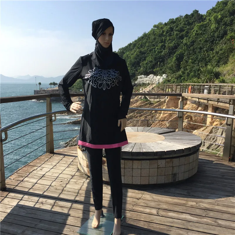 

Летние мусульманские купальники Burkini, Женский комплект из двух частей, купальник с длинным рукавом, пляжный купальный костюм со складками