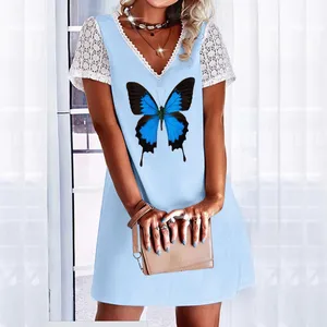 Short Dress with Pockets Women Casual V Neck Butterfly Printing Lace Splice Swing Dress Short Black Long Sleeved Skater Dress
