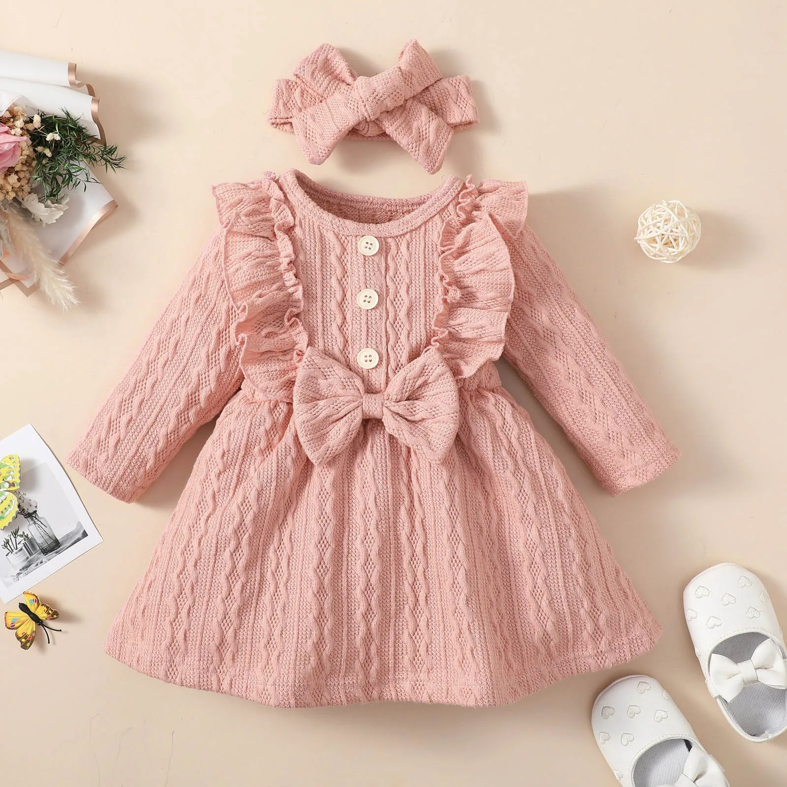 

Toddler Girls Solid Color Dress Autumn Summer Long Sleeved Bowknot Lace Princess Dress With Headband 2Pcs Children's Clothing