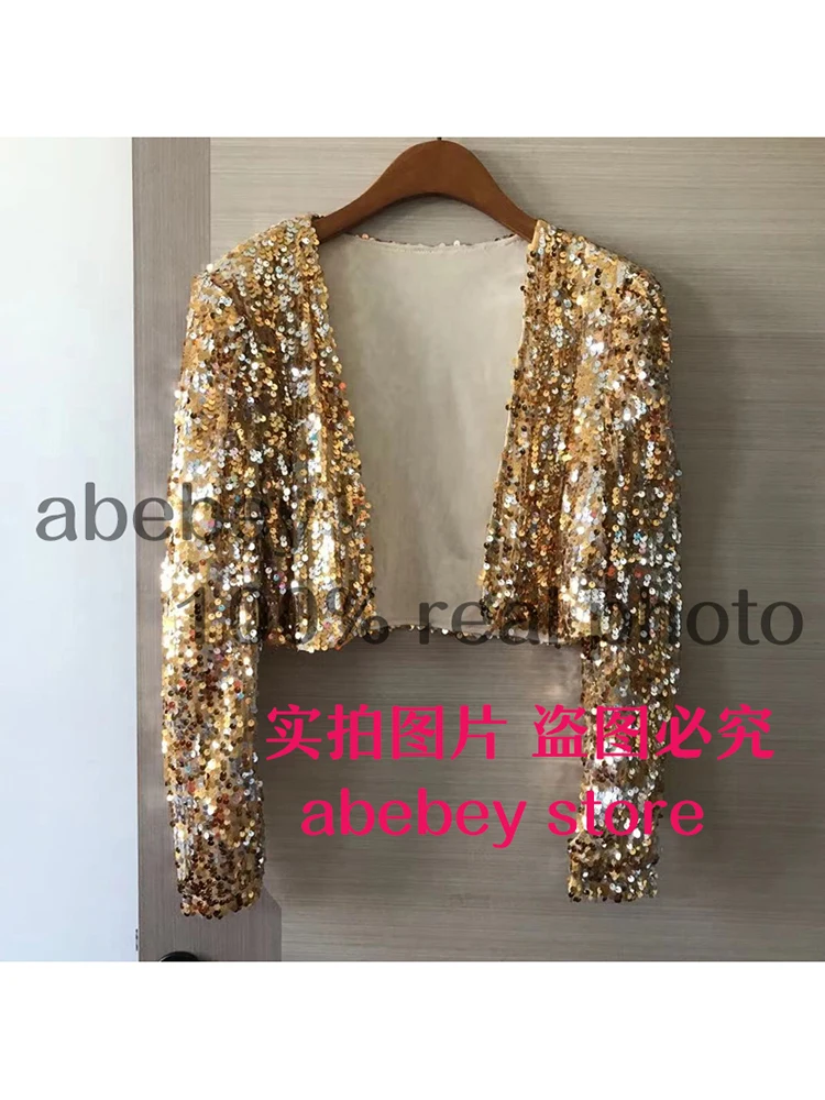 Блестящая женская куртка с нашивками весенний Блестящий кроп-топ золотого и