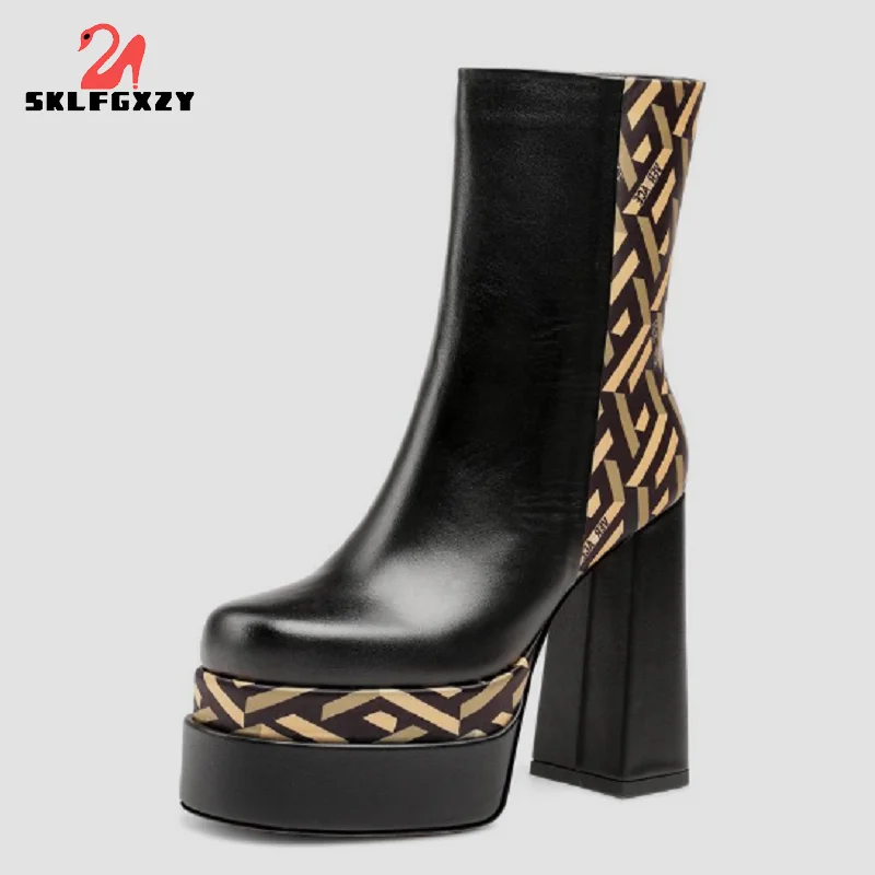 

2022 New Genuine Leather Women Modern Boots High Heels Chunky Heeled Waterproof Platform Thick Heel Round Toe Boots Winter