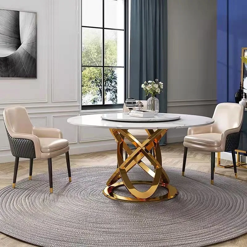 

Large Family Table Dining For Kitchen Round Household Table Salon Balcony Glossy Marble Turntable White 1.5m Desk And 6 Chairs