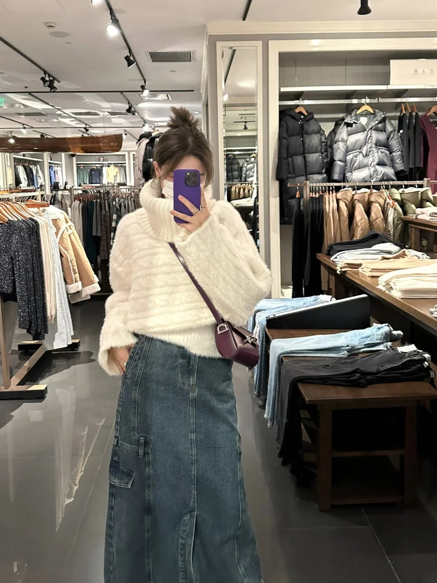 Женский белый вязаный свитер Harajuku 90-х Y2k однотонный джемпер с разрезом на шее и