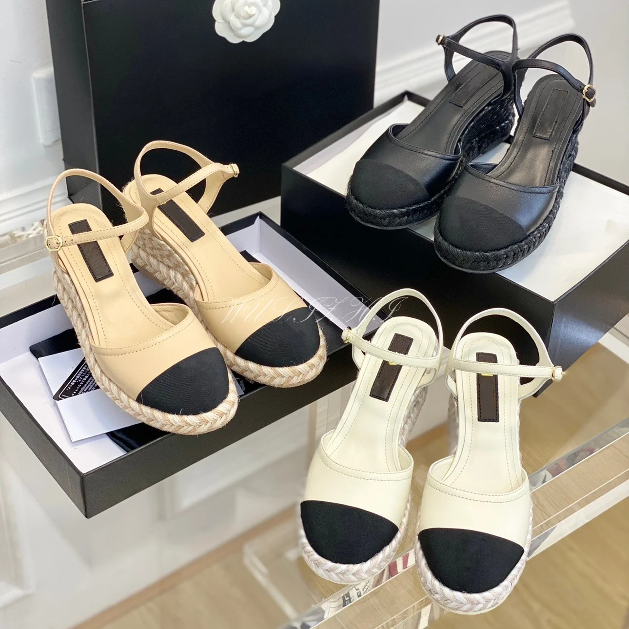 Apricot Wedge Bucket Shoes Leather Suede Black Espadarille Women Braided Round Cover Heel Casual Mixed Colors Sandal Buckle Shoe