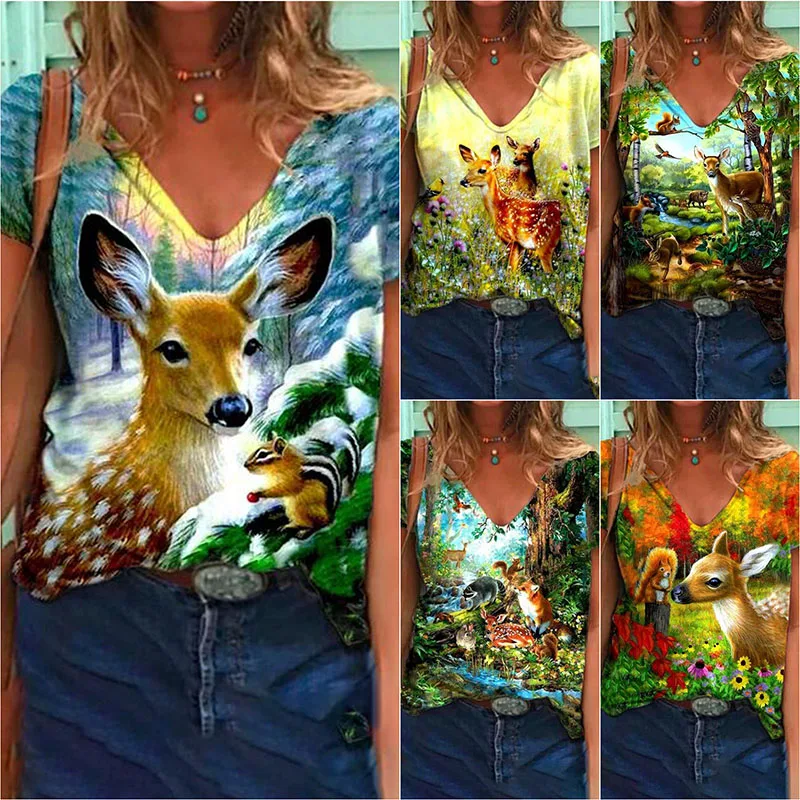 

Summer Fashion Sexy Deep V Neck Women's T Shirts Casual Loose Short Sleeve Animal 3D Digital Print Street Hipster Lady T Shirts