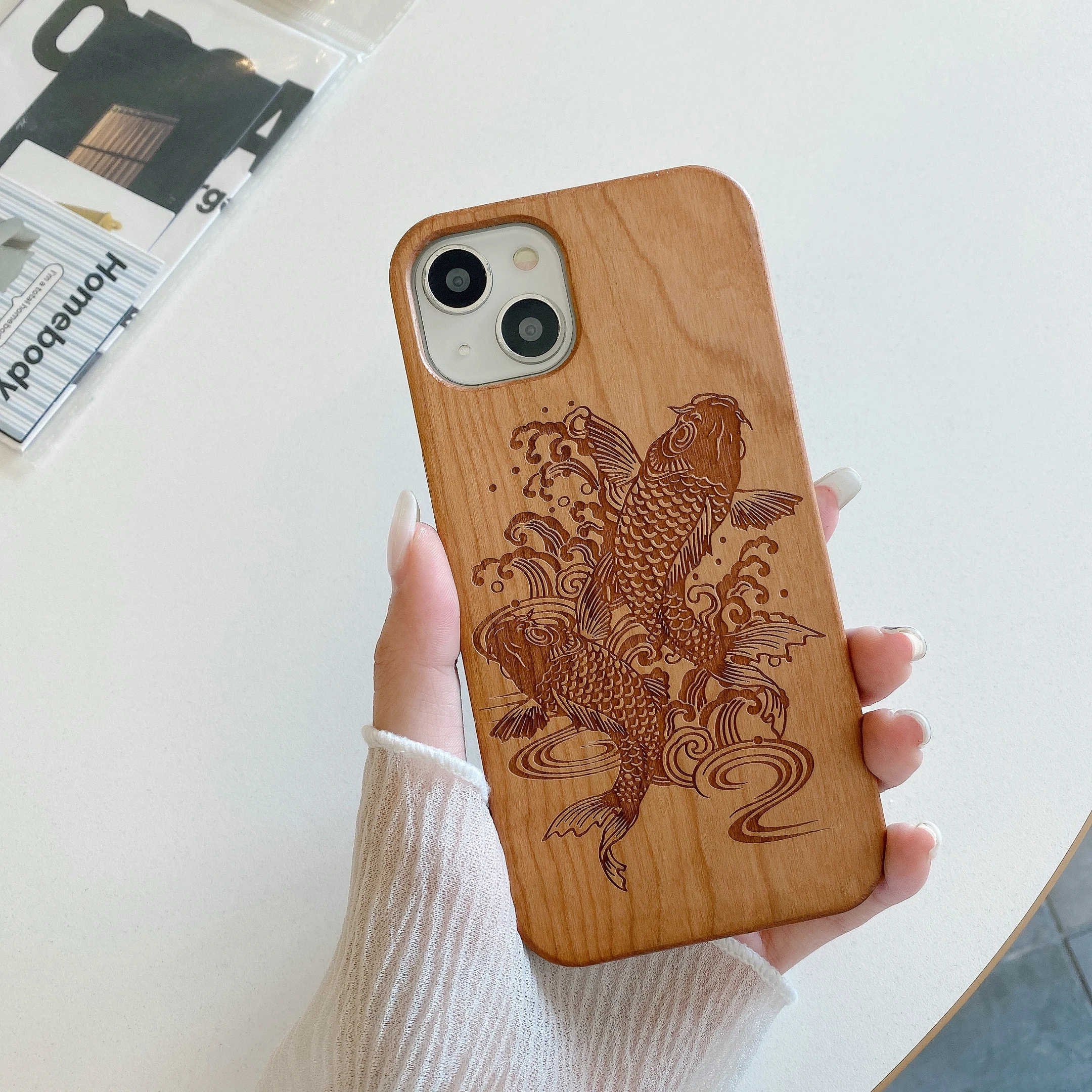 

Good Luck Koi Fish Real Wood Phone Case For iPhone14 14ProMax 14Plus 13Promax 13 12 11 Cherry Walnut Wooden Cover