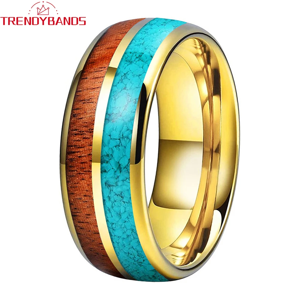 

8mm Rings for Women Men Tungsten Wedding Band Engagement Jewelry Turquoise Koa Wood Inlay Domed Polished Shiny Comfort Fit