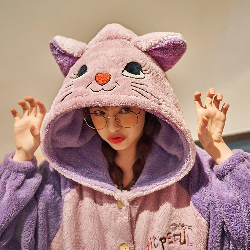 Winter Pajamas Fashion Women Sleepwear Plush Robe Thermal Pantsuit Home Wear Add Fleece and Thicken Nightgown Plus Size