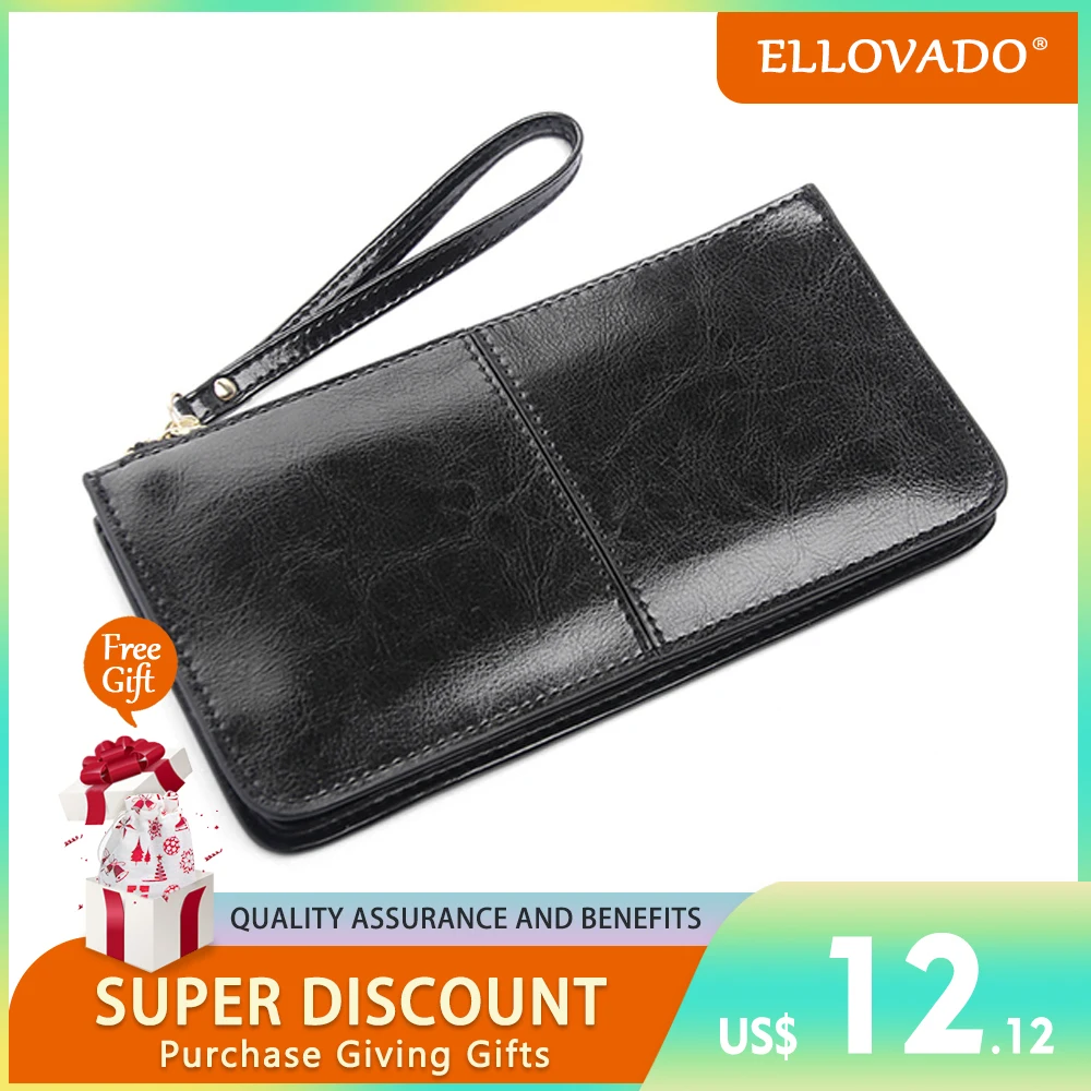 

Ellovado Genuine Leather Long Wallet Large Capacity Zipper Clutch Bag Luxury Design Coin Purse Card Holder Pocket Wallet