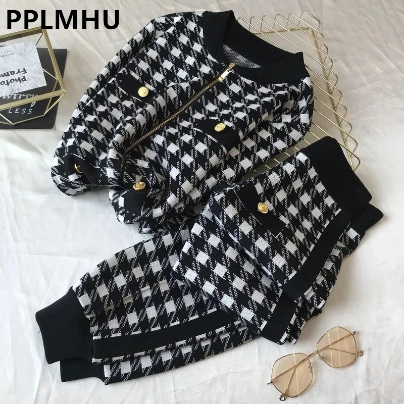 

New Black White Plaid Knit Two Piece Sets Women Vintage Zipper Houndstooth Cardigan Tracksuit Chic Knitwear Jogger Pants Outfits