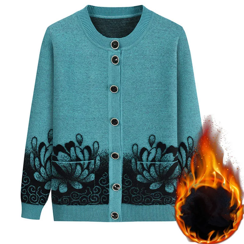 

Warm Long Sleeve Top Middle-Aged Elderly Mother Velvet Knitted Shirt Winter Grandma Sweater Thickened Cardigan Women Clothes