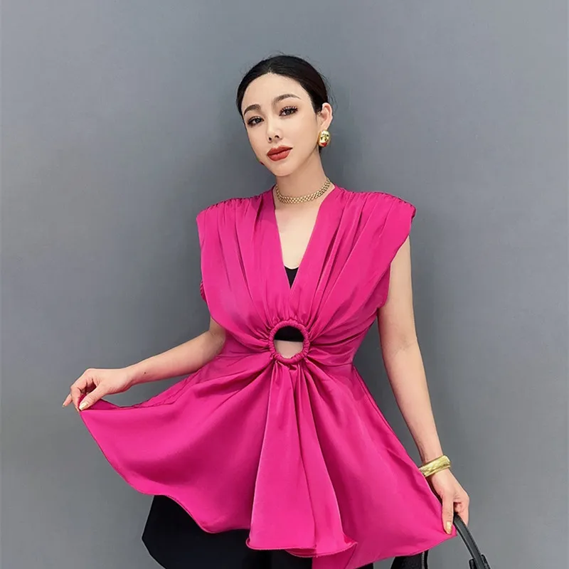 

Elegant Solid Color Tanks Tops Female Summer Thin Blouse V Collar Waist Sleeveless Pullovers Pleated Tops de verano