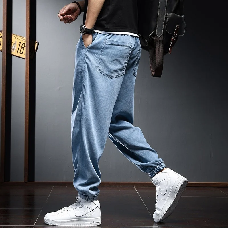 

Summer Thin 2023 Lyocell Jeans Men Joggers Streetwear Baggy Pencil Pants Hip Hop Casual Light Blue Elastic Waist Denim Trousers