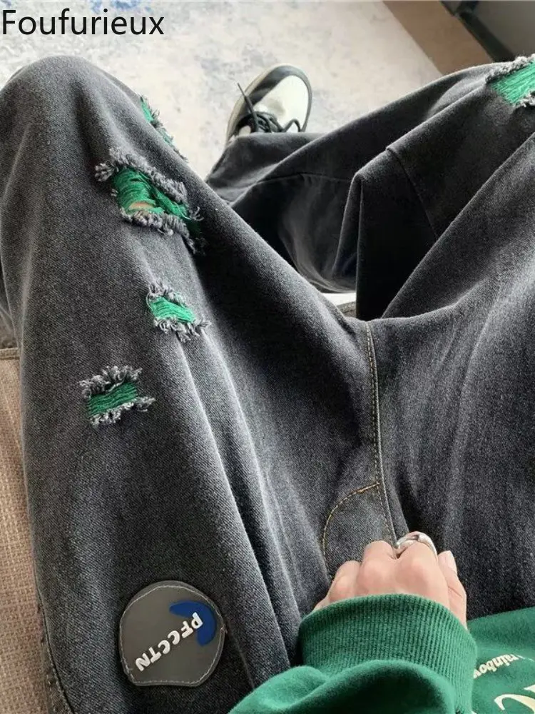 

Черные рваные джинсы foufurious, корейская мода, мужские джинсы оверсайз, повседневные мужские джинсы, новинка сезона весна-лето 2022, мужские джин...