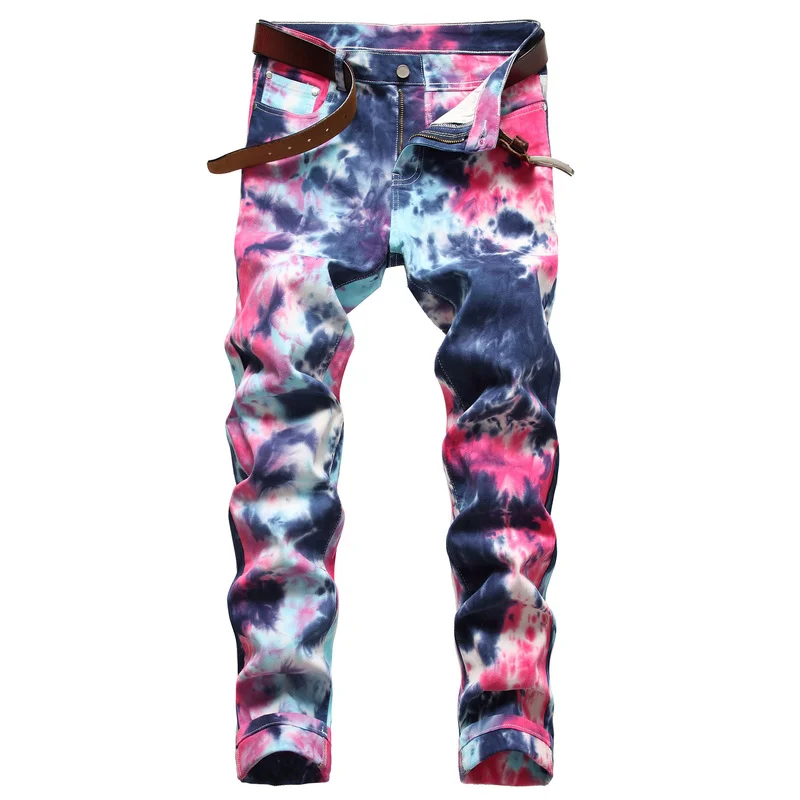 

Men's Fancy Color Tie and Dye Print Colorful Jeans Fashion Slim Straight Stretch Denim Pants Painted Trousers Streetwear