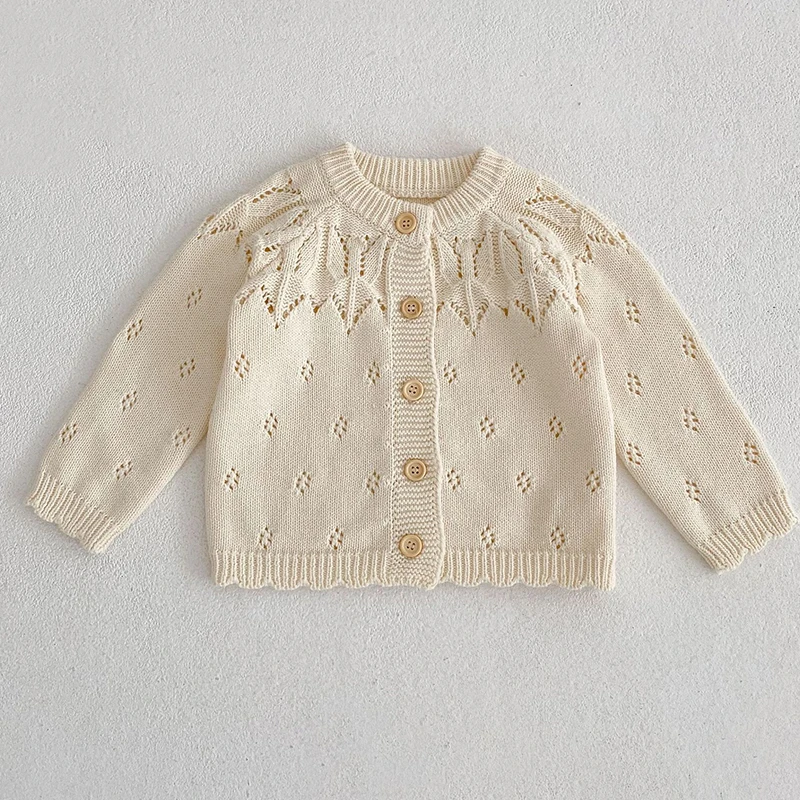 2023 New Infant Baby Girls Knitting Cardigan Long Sleeve Solid Color Hollow Out Autumn Spring Newborn Baby Girls Sweater Coat