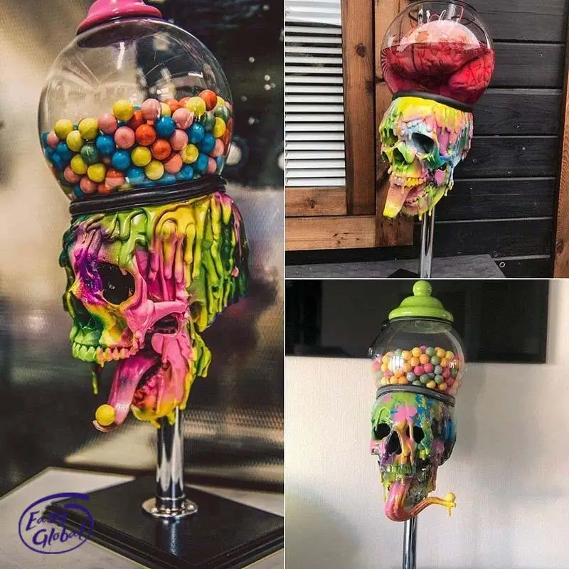 

Halloween Resin Craft Skeleton Statue Colorful Party Candy Jar Horror Table Ornaments Home Decoration Skull Bubble Gum Machine