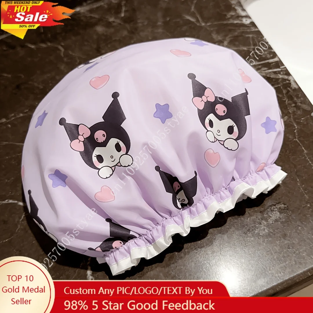 Фото Шапочка для душа Sanrio Kuromi, высококачественная, утолщенная, двухслойная, с мультяшным рисунком в виде сердечек и звезд, для женщин, для домашнего использования №1