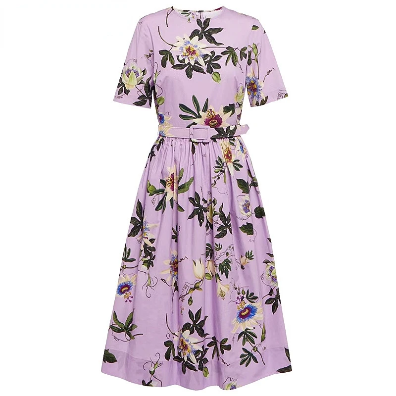 

Dresses For Women 2023 Runway Luxury Designer High Quality Spring Summer Poplin Flower Printing Laceup Short Sleeve Dress