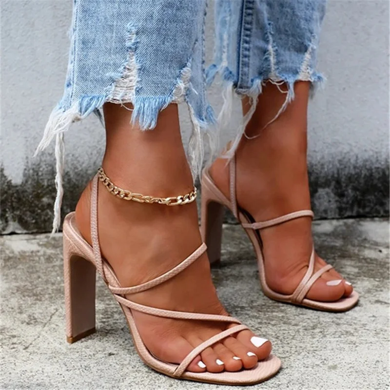 

2022 Summer Concise Style Ladies Narrow Band Combination Solid Color Prom High Heels Shoes Square Heel Flat Sexy Women's Sandals