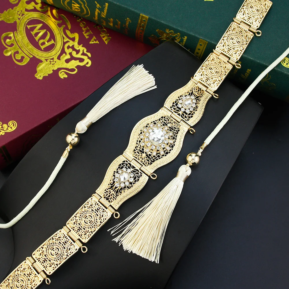

Sunspicems Thin Arabic Women Rope Belt Waist Chain Gold Color Morocco Bride Jewelry Crystal Caftan Abaya Wedding Dress Belt