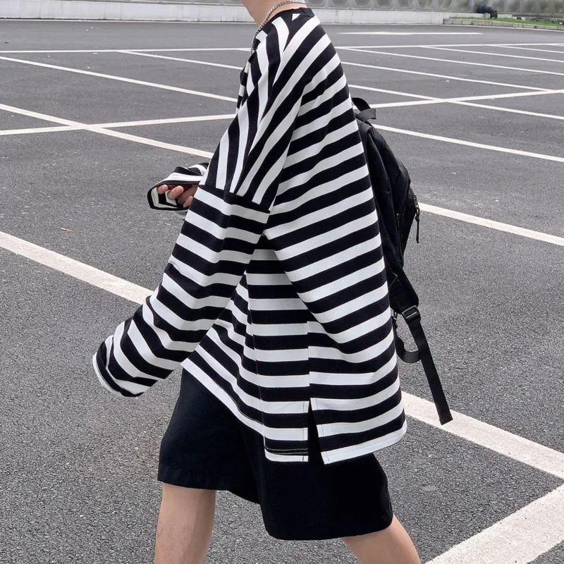 Футболка мужская хлопковая в полоску модная Повседневная Свободная рубашка с