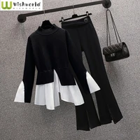 fashion temperament spring and autumn new 2022 large design sense splicing shirt micro pants two piece set womens suit