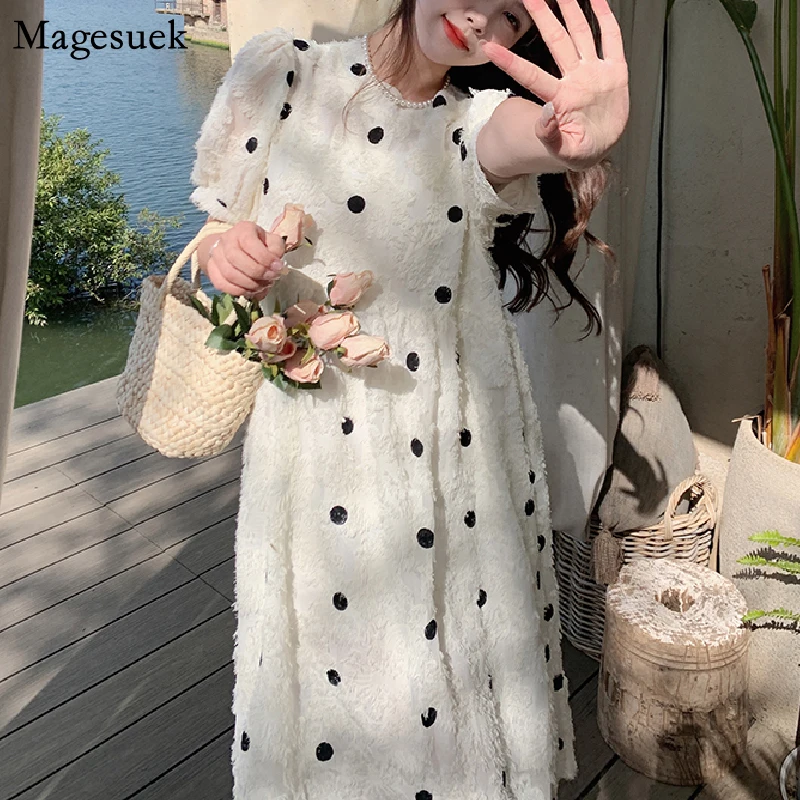 

Polka Dot Loose Women's Dress Summer 2022 Puff Sleeve A Line Elegant Woman Dresses Casual Vestidos Sweet Midi Party Dress 21315