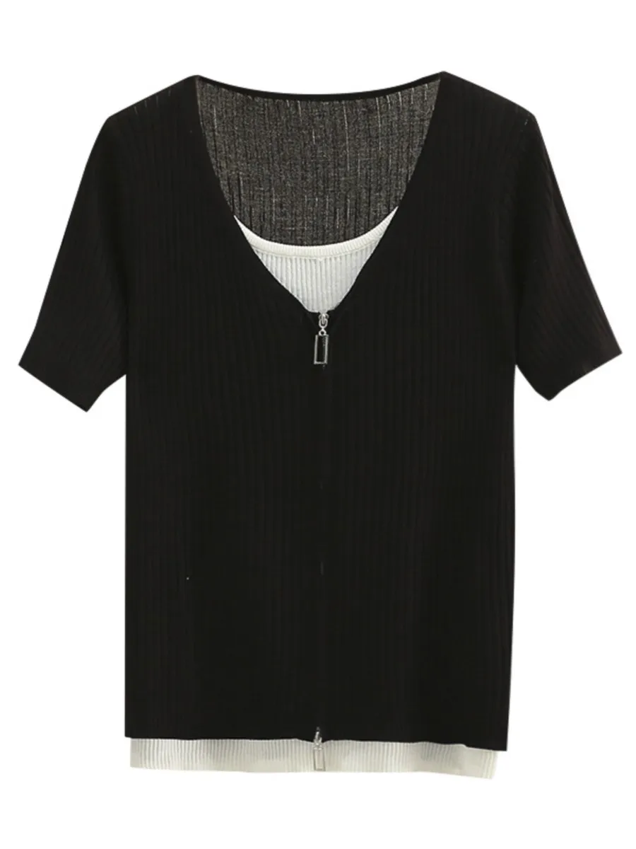 

Plus Size T-Shirt For Women Ice Knitted Spliced 2022 Summer False Two Pieces Of Thin Style Zipper Short Sleeve O-Neck Tops