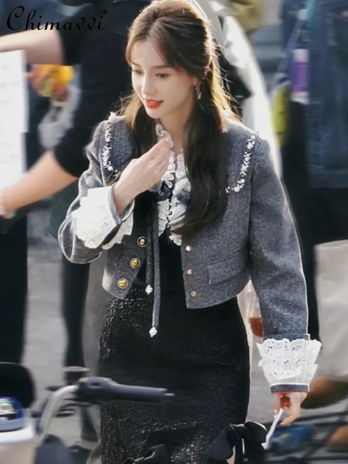 

Модное кружевное серое шерстяное пальто, новинка осень-зима 2023, короткая женская куртка с длинным рукавом, офисные женские элегантные пальто, подходящие ко всему