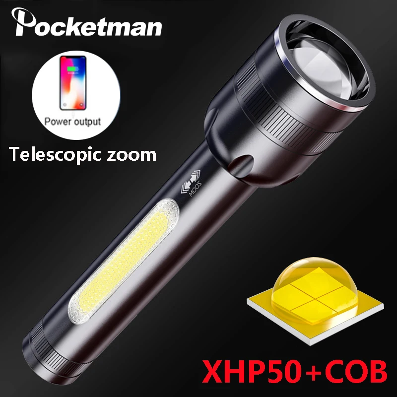 

Brightest XHP50+COB LED Flashlight Telescopic Zoomable Waterproof Torch With Built-in battery Power Display Power Bank Lantern