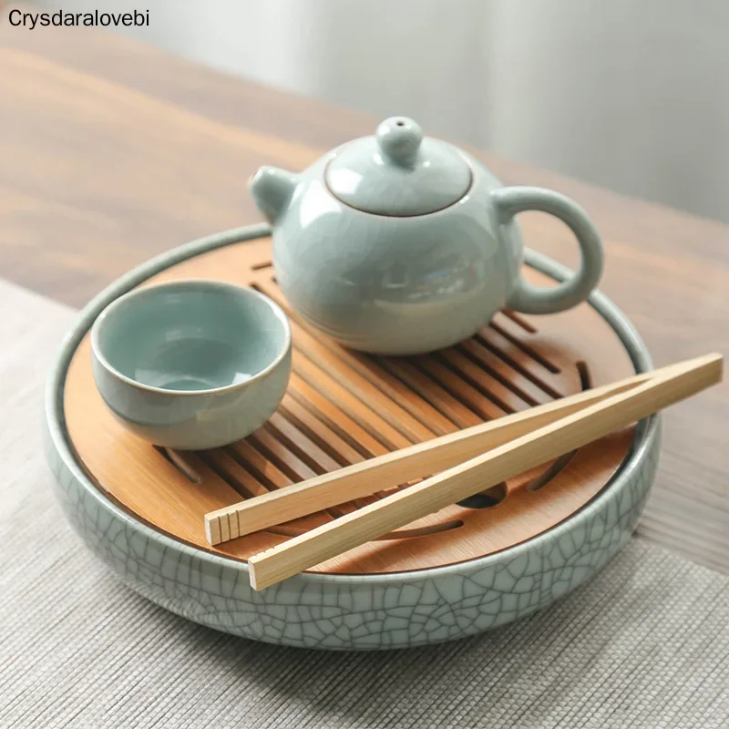 Чайный сервиз Longquan Celadon маленький чайный поднос керамический + бамбуковый столик