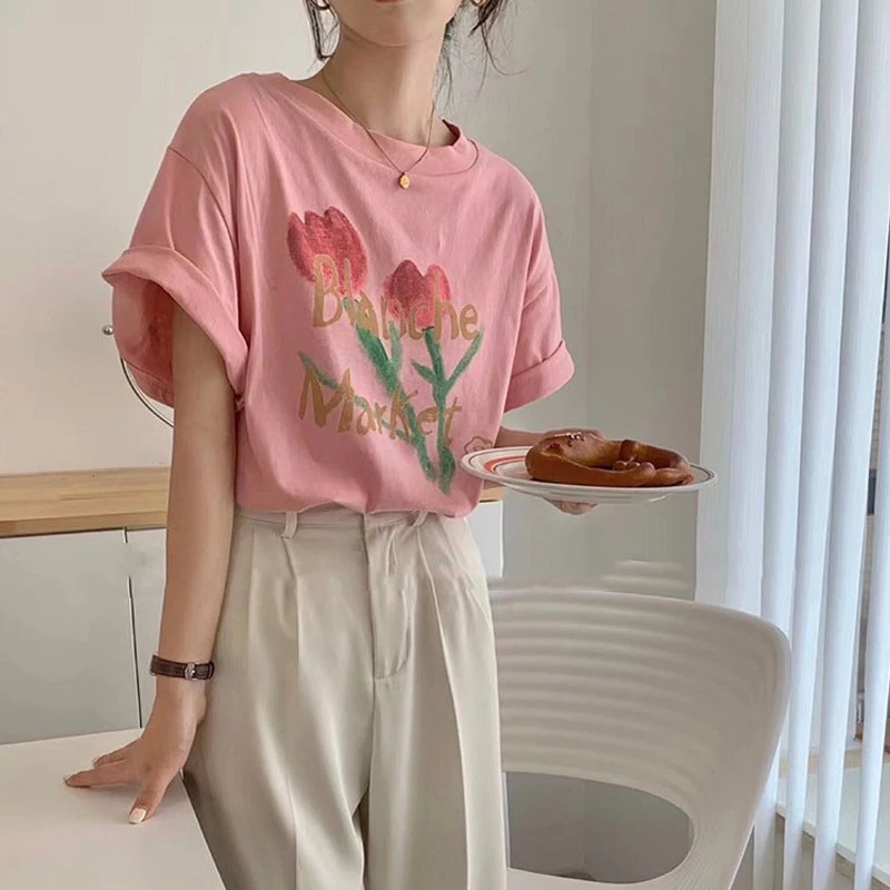 

Limiguyue 100% хлопковые розовые топы летние корейские свободные женские повседневные нежные футболки с принтом тюльпанов с коротким рукавом милые белые футболки J530