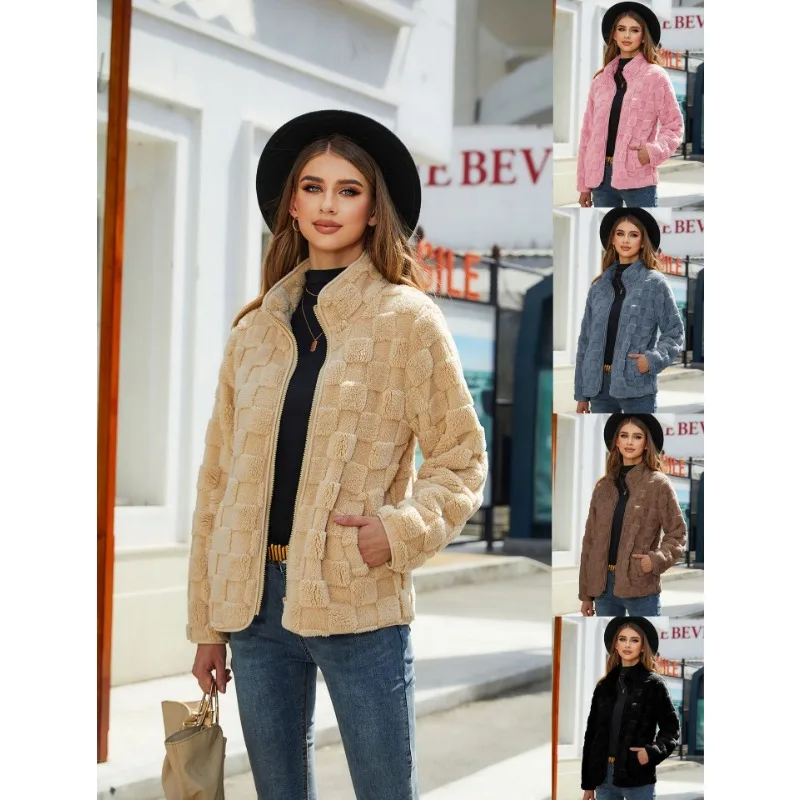 

Autumn and winter new cross-border Europe America women's long-sleeved Cardigan zipper loose solid color plush jacket checker