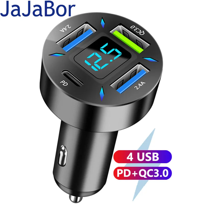 

JaJaBor Car Charger 4 Ports USB QC3.0 PD Smart Fast Charging Smart Phone Charger Voltage Detection High Power Adapter