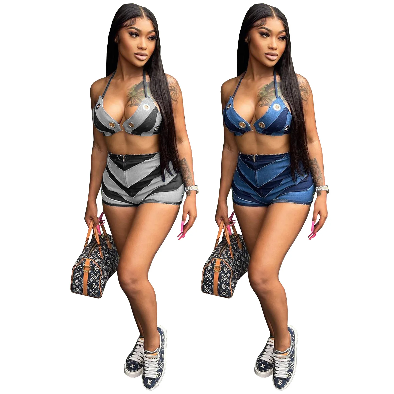 

Casaul Women Tracksuit Two Piece Set Fashion Patchwork Summer Streetwear Vintage Bra Crop Top and Shorts Two Piece Sets Outifits