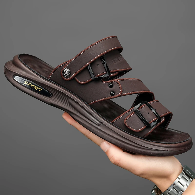 Сандалии мужские кожаные мягкие повседневные спортивные шлепанцы Нескользящие