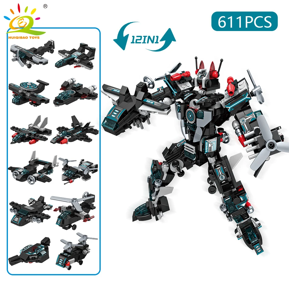 HUIQIBAO 611PCS 12in1 City SWAT Police Transform Robot Building Blocks Plane Helicopter Bricks Set Educational Toys for Children - купить по
